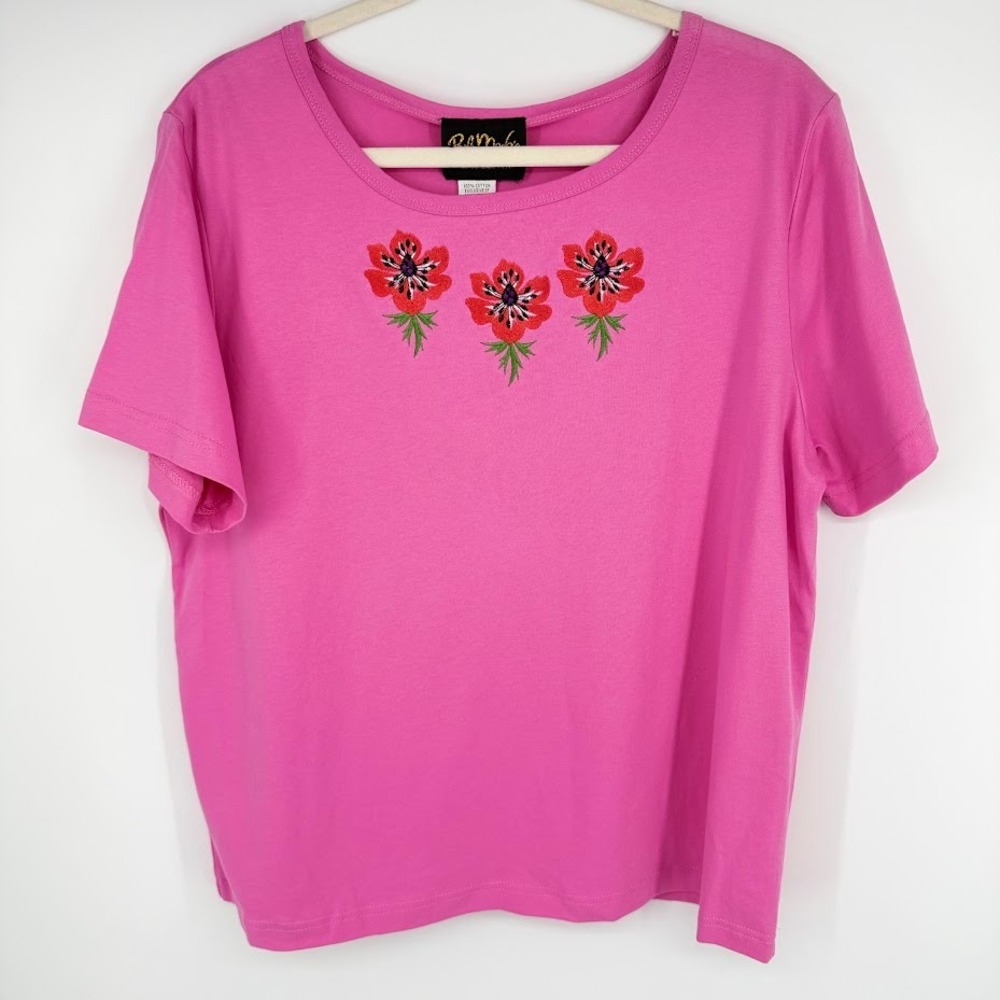 VTG Bob Mackie Wearable Art Embroidered Tee Shirt L Pink Poppies Floral Cotton